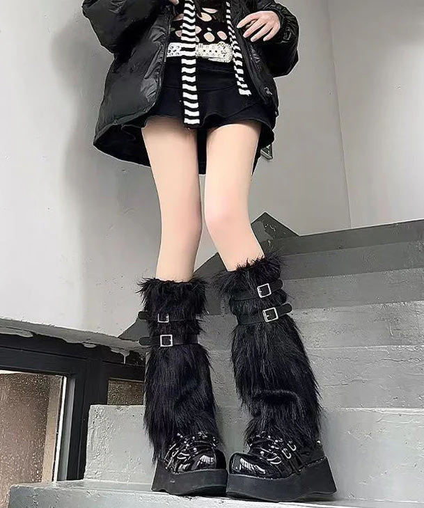 Spicy Girl Leather Buckle White Fuzzy Fur Fluffy Socks Covers - Image 3