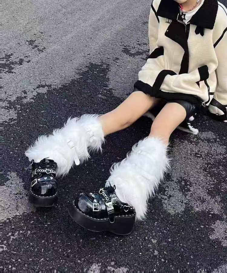 Spicy Girl Leather Buckle White Fuzzy Fur Fluffy Socks Covers - Image 4