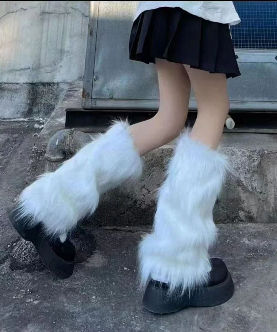Spicy Girl Leather Buckle White Fuzzy Fur Fluffy Socks Covers - Image 5