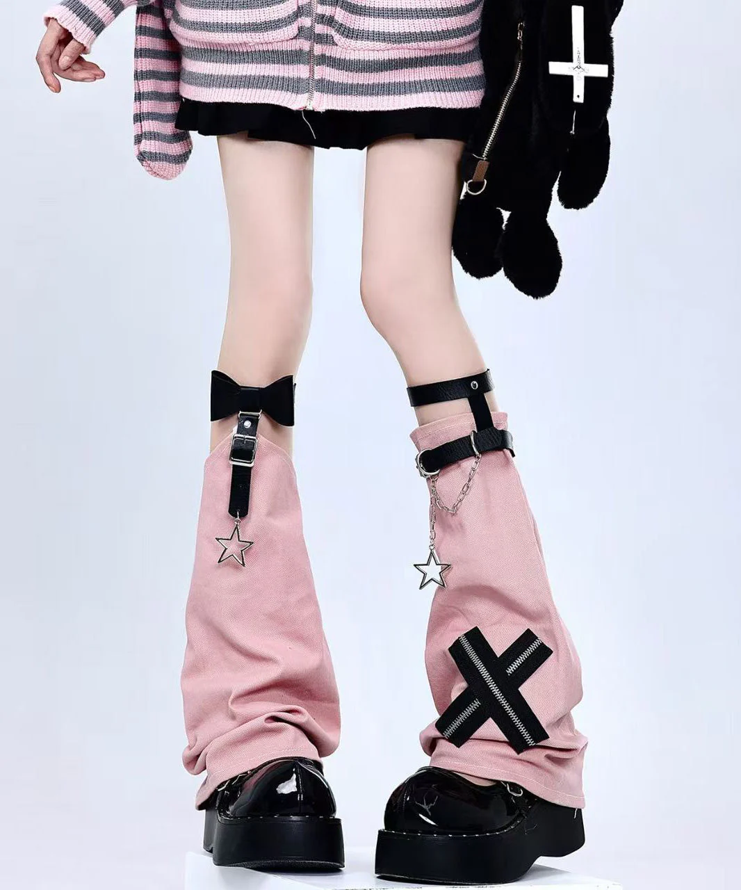 Spicy Girl Stylish Pink Cross Chain Leather Buckle Sock Sleeves