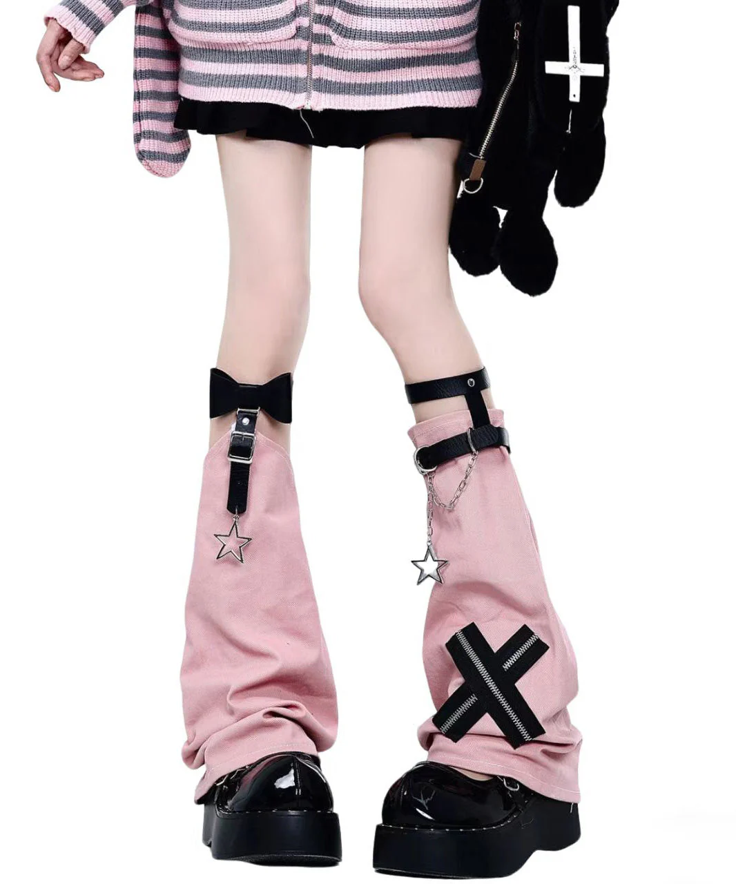 Spicy Girl Stylish Pink Cross Chain Leather Buckle Sock Sleeves - Image 5