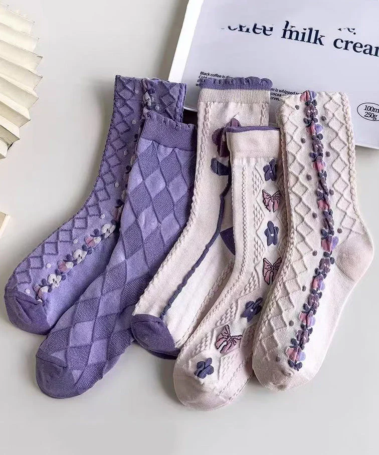 Spring Purple Jacquard Cozy Breathable Crew Socks