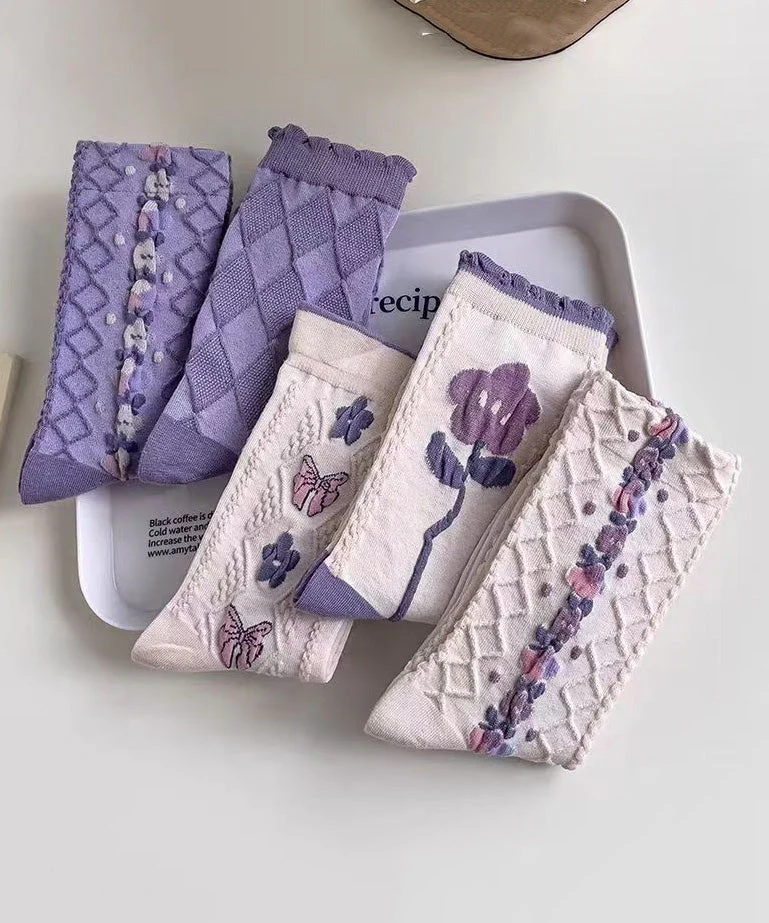 Spring Purple Jacquard Cozy Breathable Crew Socks - Image 3