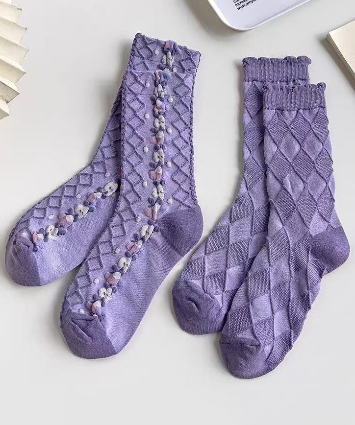 Spring Purple Jacquard Cozy Breathable Crew Socks - Image 4