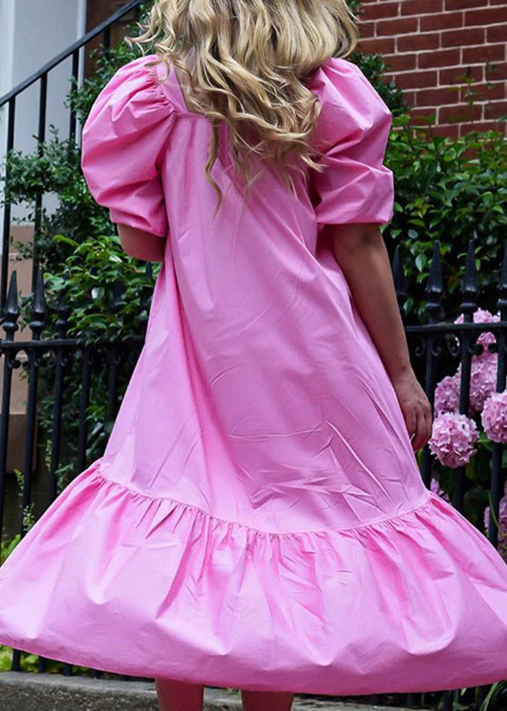 Square Neck Solid Color Puff Sleeve Ruffles Hem Casual Maxi Dress For Women Rose - Image 2