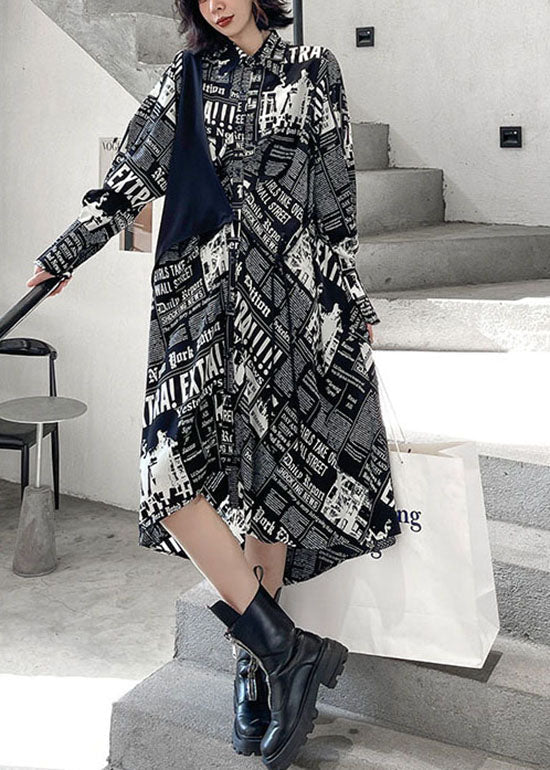 Streetwear Black low high design print Patchwork Satin shirt Dress Spring - Image 2
