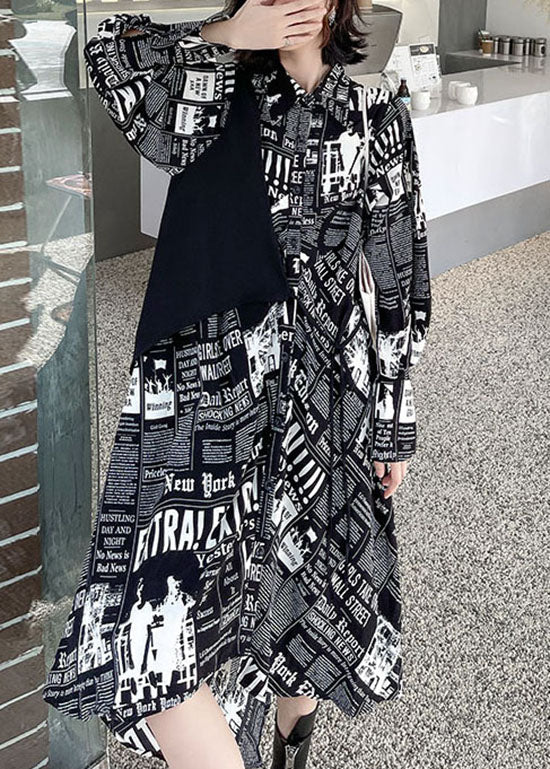 Streetwear Black low high design print Patchwork Satin shirt Dress Spring - Image 3