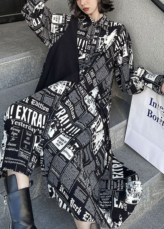 Streetwear Black low high design print Patchwork Satin shirt Dress Spring - Image 4