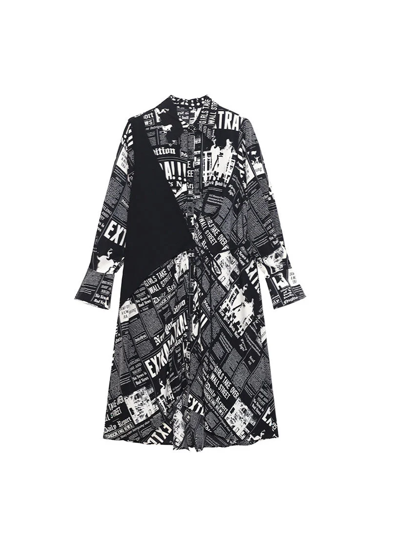 Streetwear Black low high design print Patchwork Satin shirt Dress Spring - Image 5