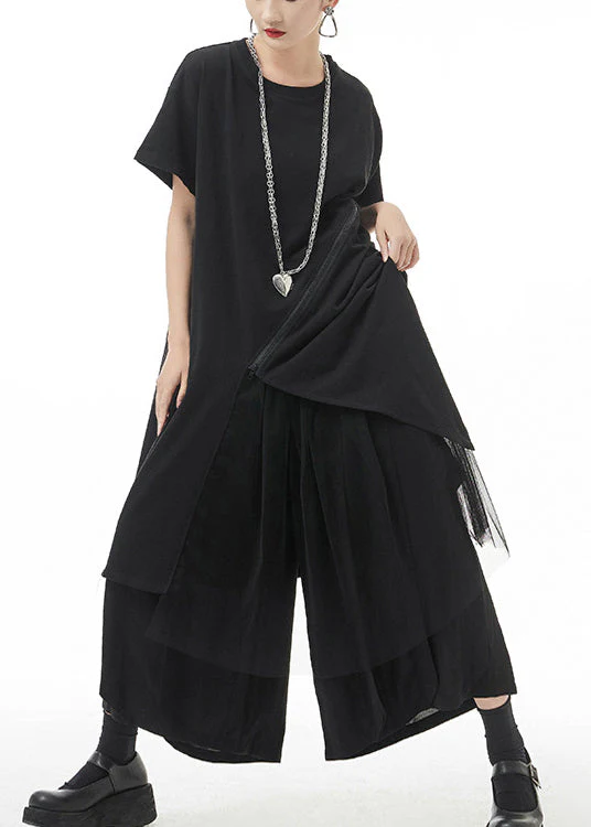 Streetwear Black O-Neck Asymmetrical Maxi Dress Short Sleeve - Image 2