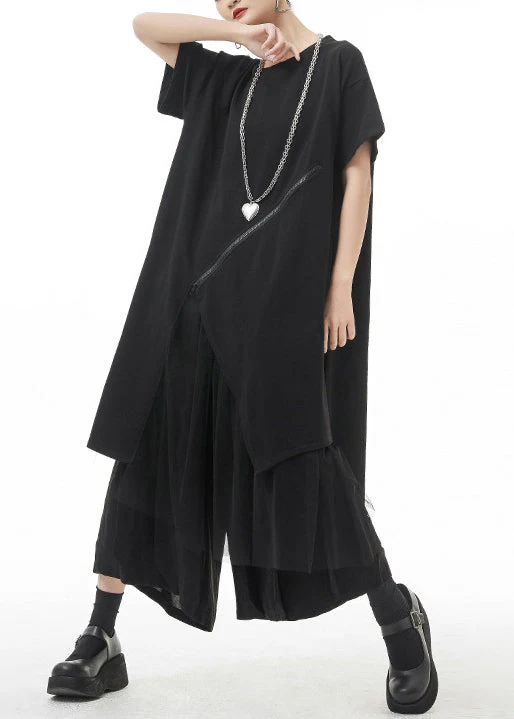 Streetwear Black O-Neck Asymmetrical Maxi Dress Short Sleeve - Image 3