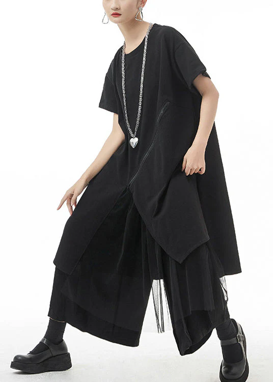 Streetwear Black O-Neck Asymmetrical Maxi Dress Short Sleeve - Image 4