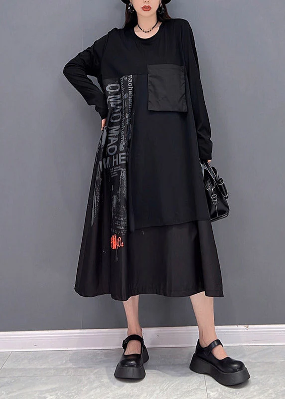 Streetwear Black O-Neck Asymmetrical Patchwork Pockets Dress Long sleeve - Image 2