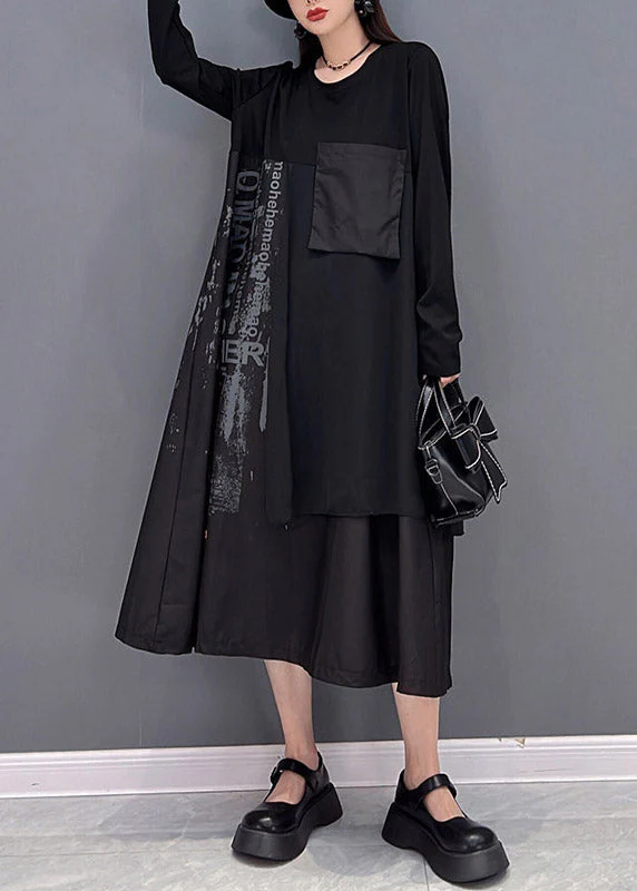 Streetwear Black O-Neck Asymmetrical Patchwork Pockets Dress Long sleeve - Image 3