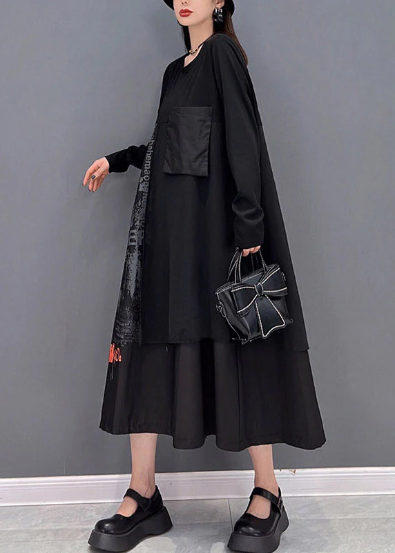 Streetwear Black O-Neck Asymmetrical Patchwork Pockets Dress Long sleeve - Image 4