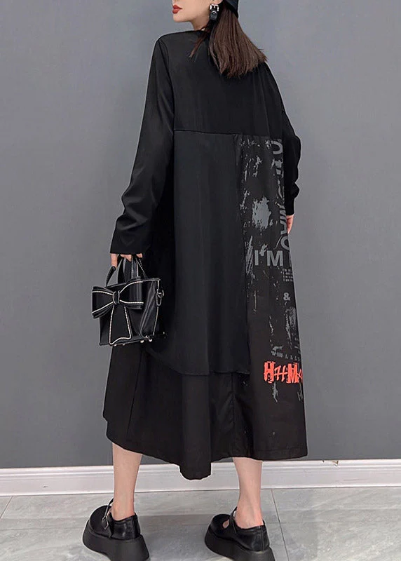 Streetwear Black O-Neck Asymmetrical Patchwork Pockets Dress Long sleeve - Image 5