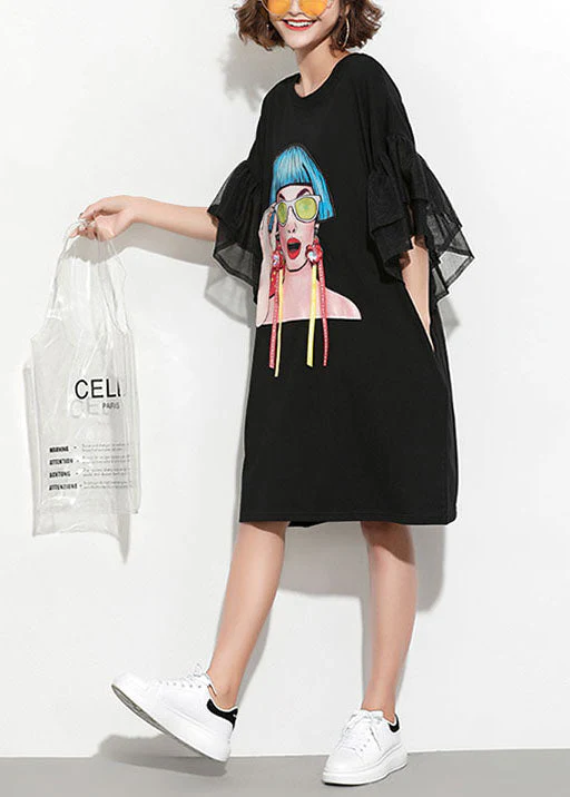 Streetwear Black O-Neck Tulle Patchwork Print Tassel Cotton Maxi Dresses Petal Sleeve - Image 2