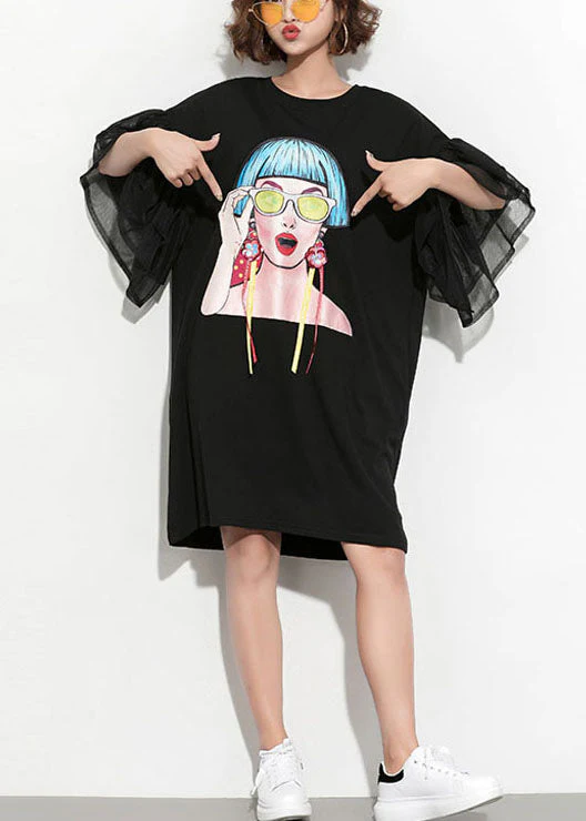 Streetwear Black O-Neck Tulle Patchwork Print Tassel Cotton Maxi Dresses Petal Sleeve - Image 3