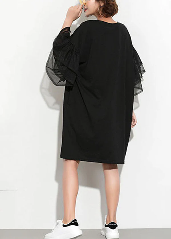 Streetwear Black O-Neck Tulle Patchwork Print Tassel Cotton Maxi Dresses Petal Sleeve - Image 5