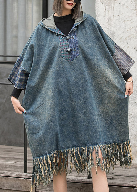 Streetwear Blue Hooded Patchwork Tasseled Denim Dress Batwing Sleeve - Image 2