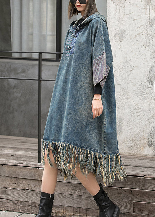 Streetwear Blue Hooded Patchwork Tasseled Denim Dress Batwing Sleeve - Image 3