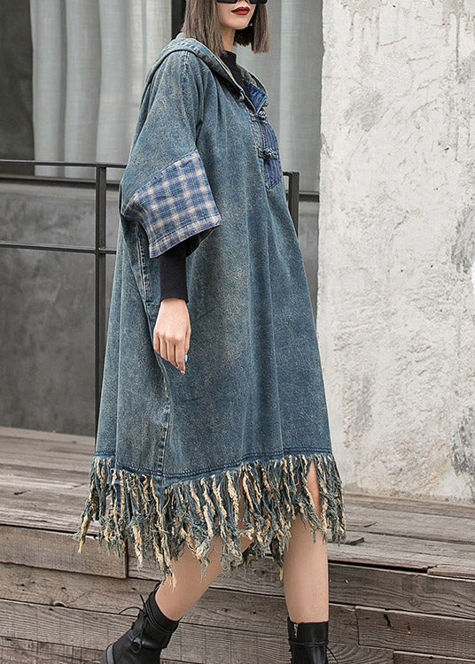 Streetwear Blue Hooded Patchwork Tasseled Denim Dress Batwing Sleeve - Image 4