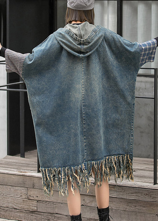 Streetwear Blue Hooded Patchwork Tasseled Denim Dress Batwing Sleeve - Image 5