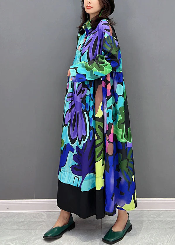 Streetwear Blue Print Patchwork Cotton Long Dresses Fall - Image 3