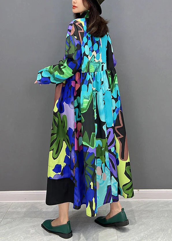 Streetwear Blue Print Patchwork Cotton Long Dresses Fall - Image 4