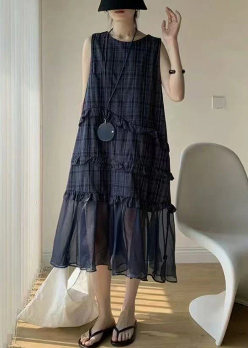 Streetwear Navy Ruffled Tulle Patchwork Cotton Long Dress Sleeveless - Image 3
