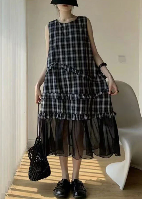Streetwear Navy Ruffled Tulle Patchwork Cotton Long Dress Sleeveless - Image 4