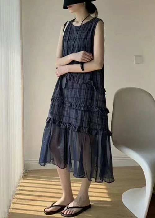 Streetwear Navy Ruffled Tulle Patchwork Cotton Long Dress Sleeveless - Image 5