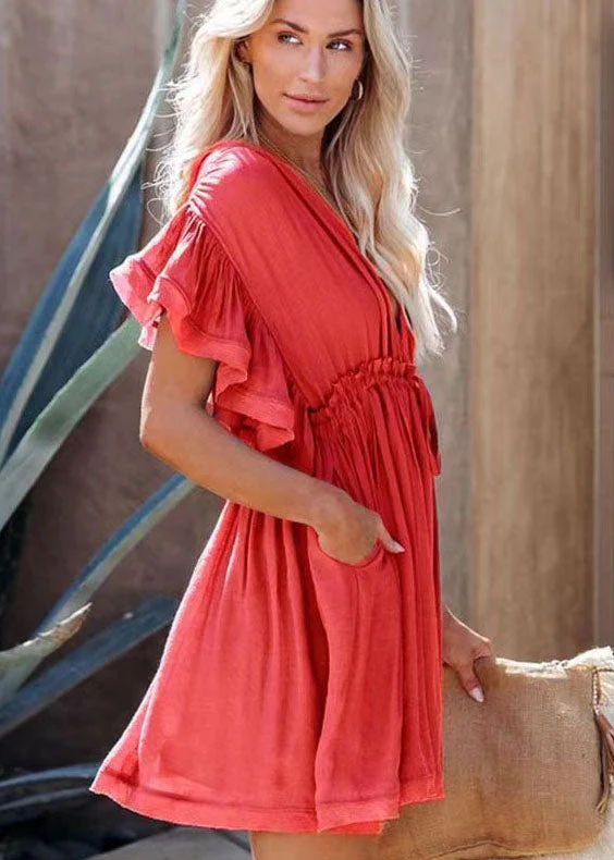 Streetwear Red Ruffled Off The back Cotton Dress Summer - Image 3