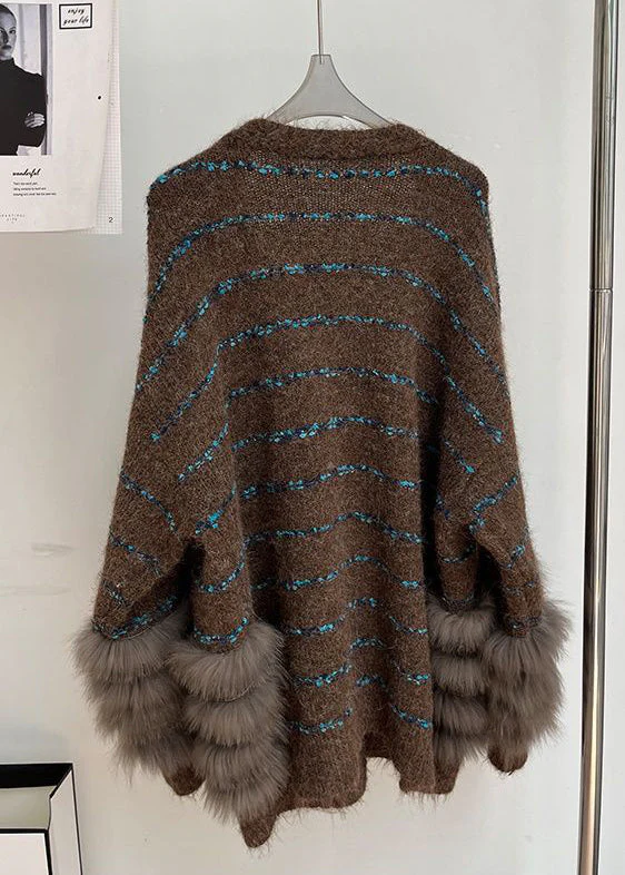 Striped Coffee V Neck Fluffy Patchwork Knit Cardigans Winter - Image 5
