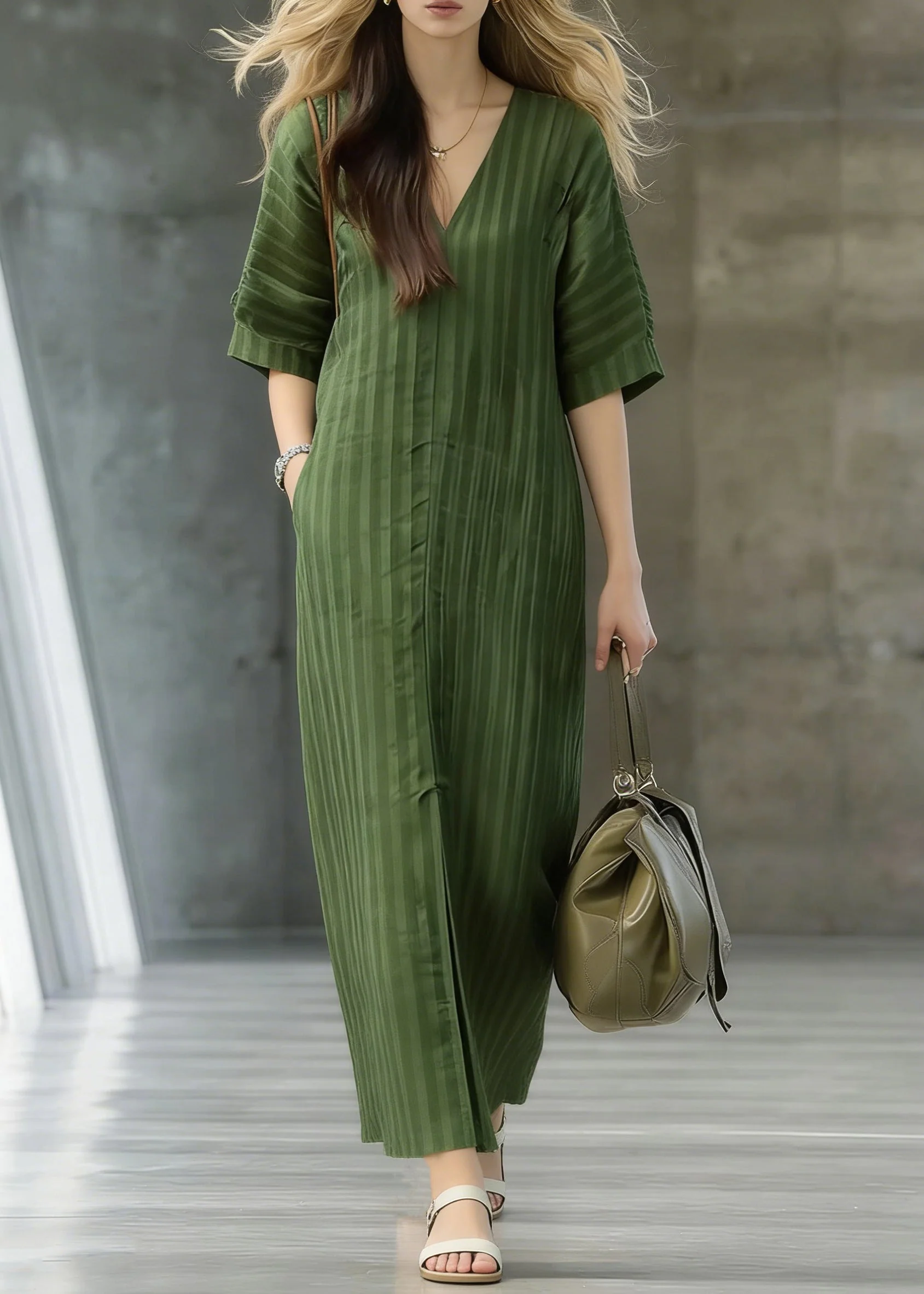 Striped Green Pockets Front Open Linen Long Dress Summer - Image 3