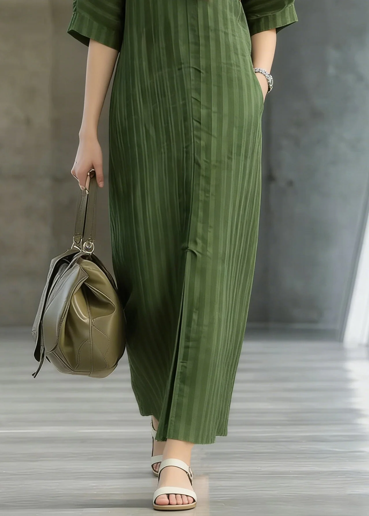 Striped Green Pockets Front Open Linen Long Dress Summer - Image 4