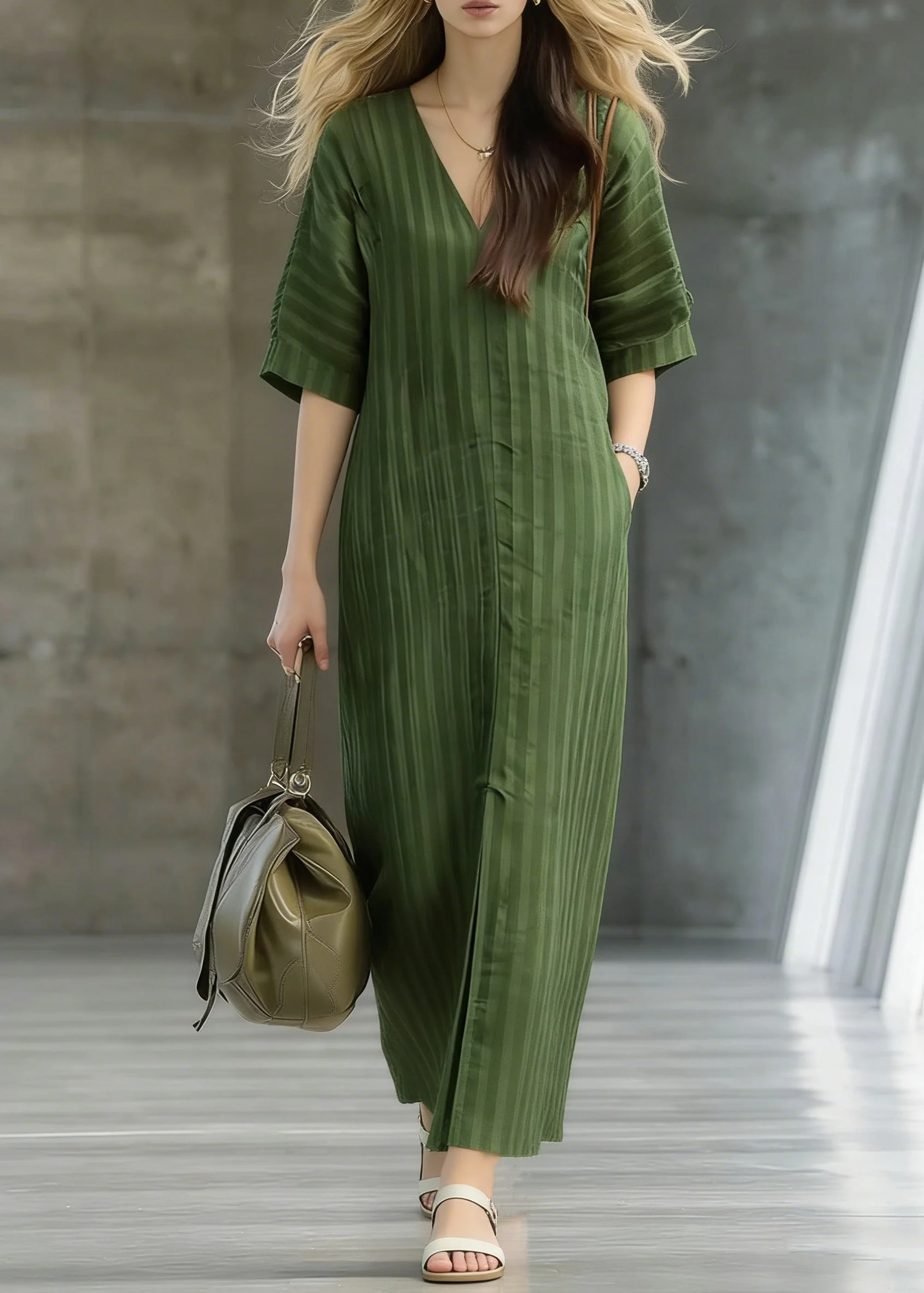 Striped Green Pockets Front Open Linen Long Dress Summer - Image 5