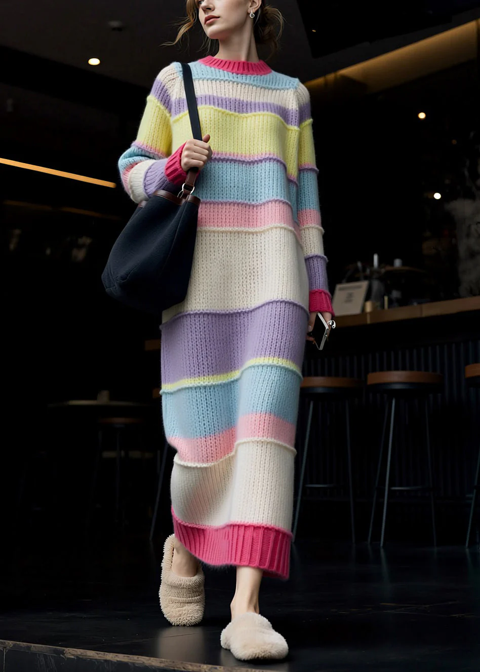 Striped Hollow Out Cozy Patchwork Knit Sweater Dress Spring - Image 2