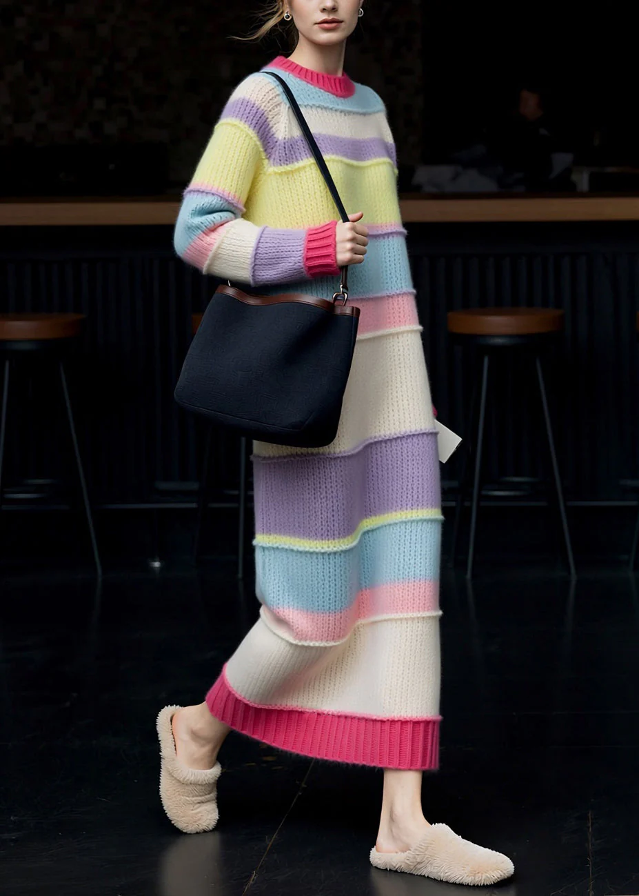 Striped Hollow Out Cozy Patchwork Knit Sweater Dress Spring - Image 4