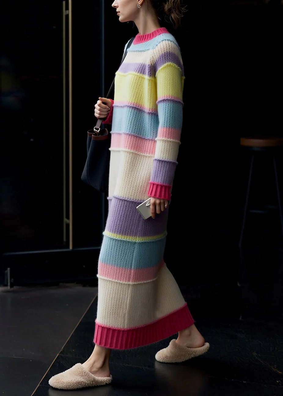 Striped Hollow Out Cozy Patchwork Knit Sweater Dress Spring - Image 5