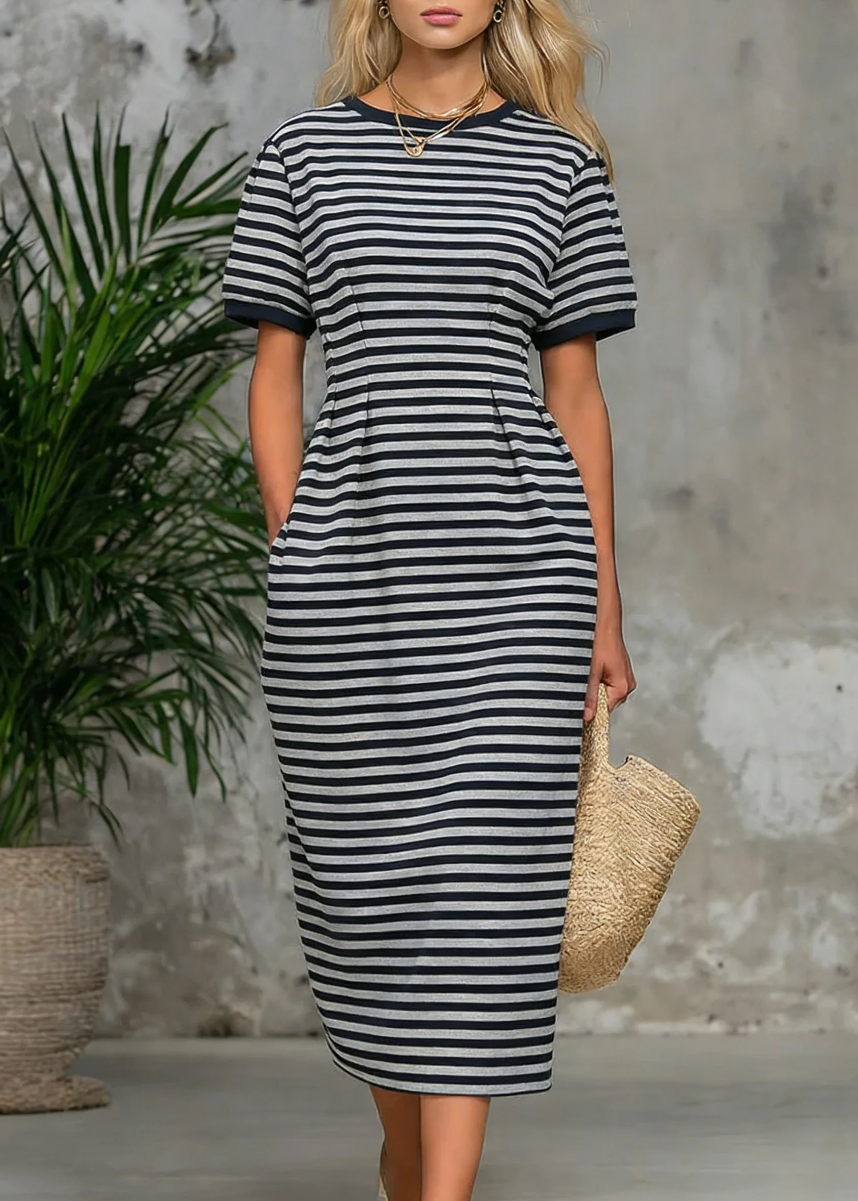 Striped Pockets High Waist Cotton Long Dress O Neck Summer - Image 3
