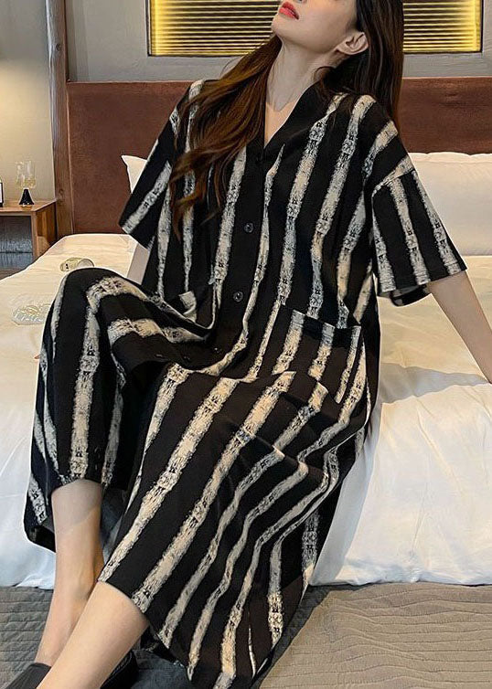 Striped Pockets Patchwork Cotton Pajamas Dress V Neck Summer - Image 2