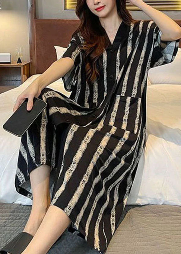 Striped Pockets Patchwork Cotton Pajamas Dress V Neck Summer - Image 3