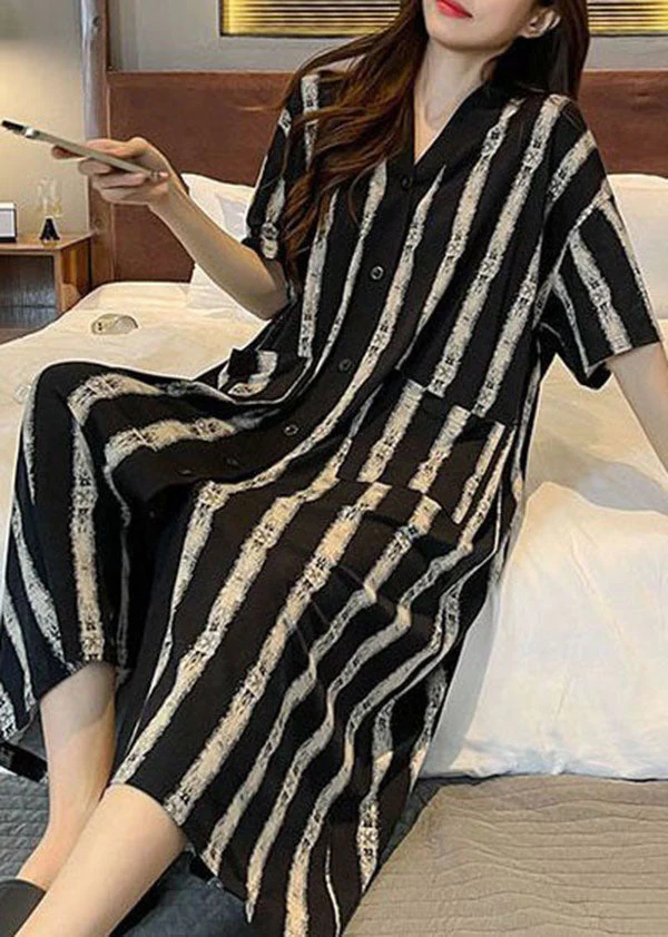 Striped Pockets Patchwork Cotton Pajamas Dress V Neck Summer - Image 4