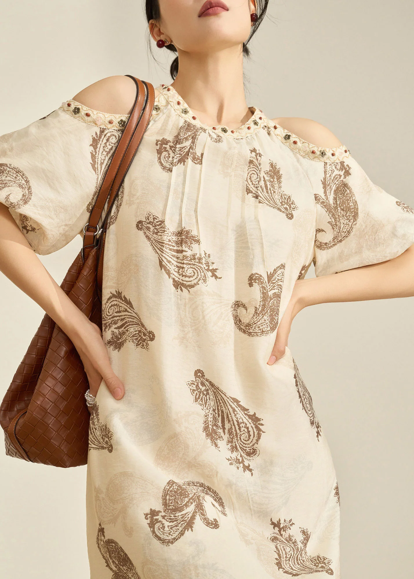 Style Apricot O-Neck Cold Shoulder Print Maxi Dress Summer