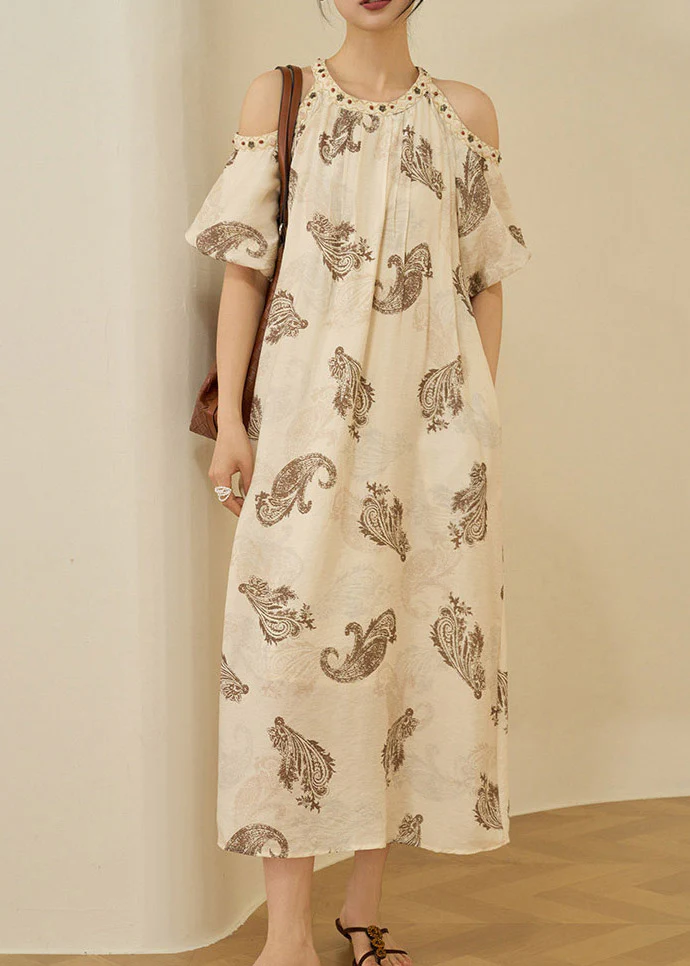 Style Apricot O-Neck Cold Shoulder Print Maxi Dress Summer - Image 2