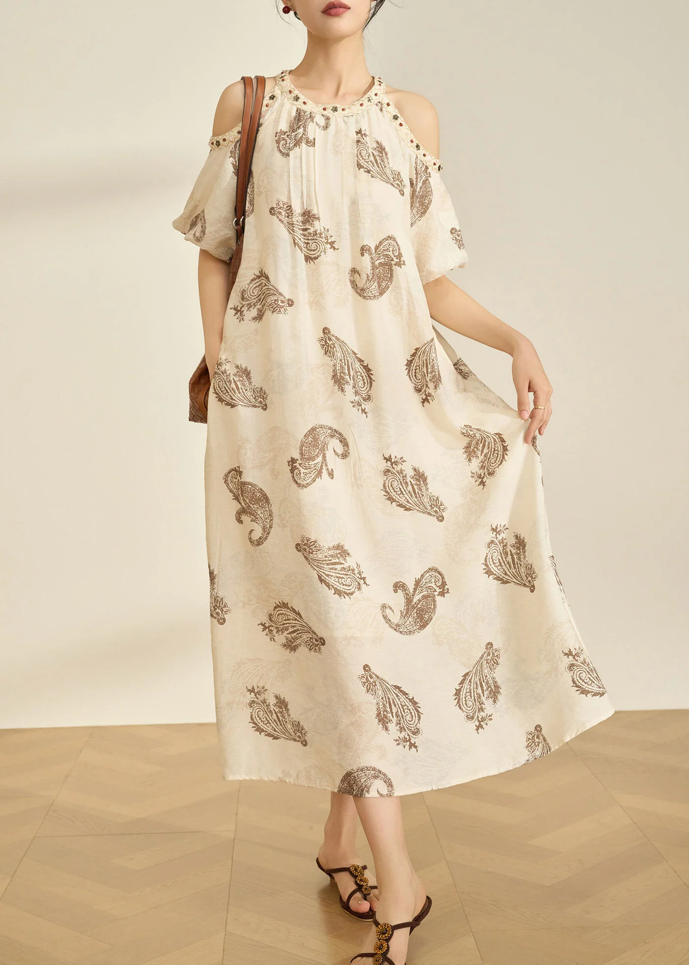Style Apricot O-Neck Cold Shoulder Print Maxi Dress Summer - Image 3