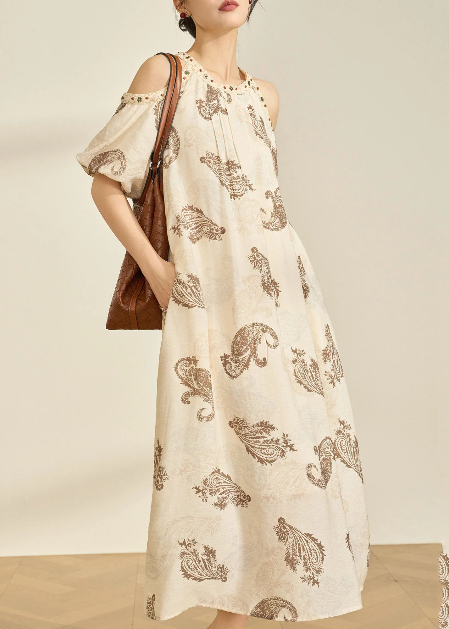 Style Apricot O-Neck Cold Shoulder Print Maxi Dress Summer - Image 4
