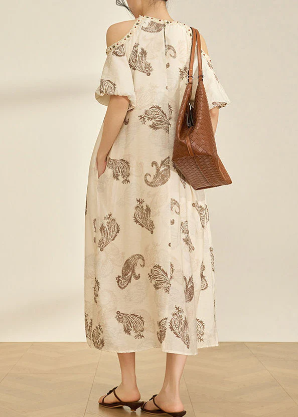 Style Apricot O-Neck Cold Shoulder Print Maxi Dress Summer - Image 5
