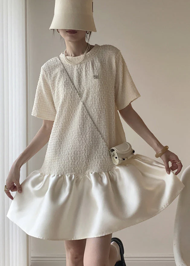 Style Apricot O Neck Patchwork Cotton Mid Dress Summer - Image 2